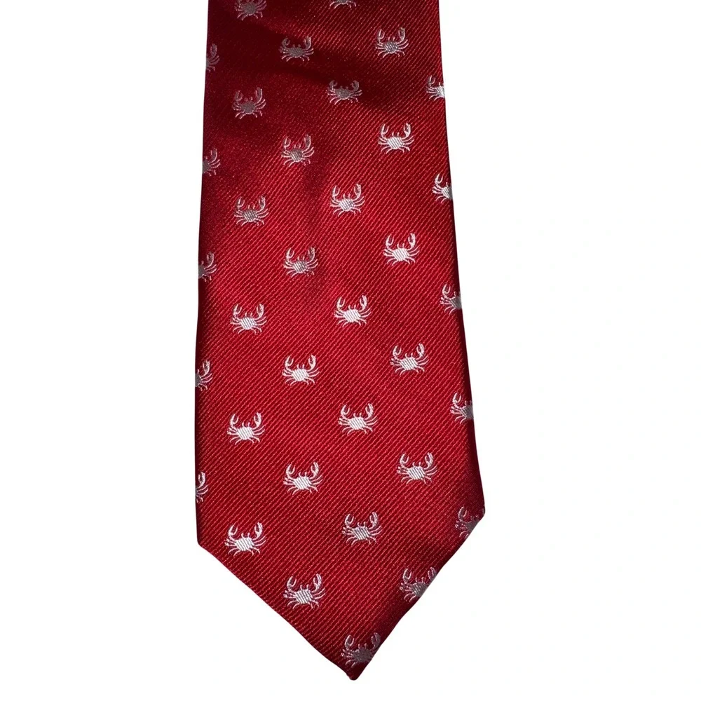 Jos A Bank Mens Red 100% Silk Crab Embroidered Nautical Necktie Classic Tie